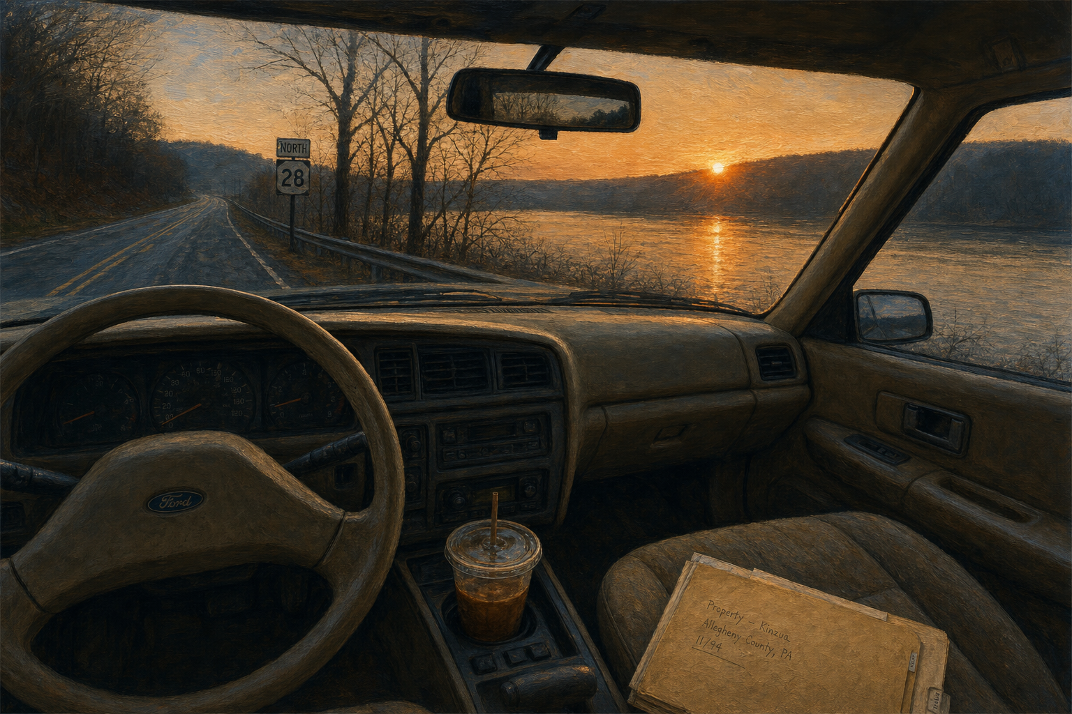 Cold coffee on a car cup holder at sunrise on Route 28, Allegheny River below