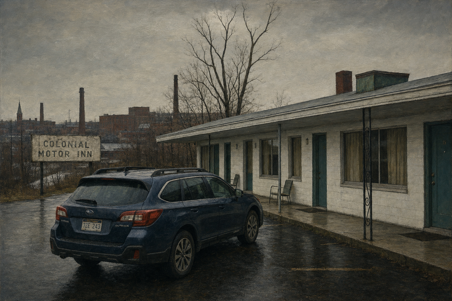 A Subaru Outback parked at the Colonial Motor Inn in Wheeling on a gray November day