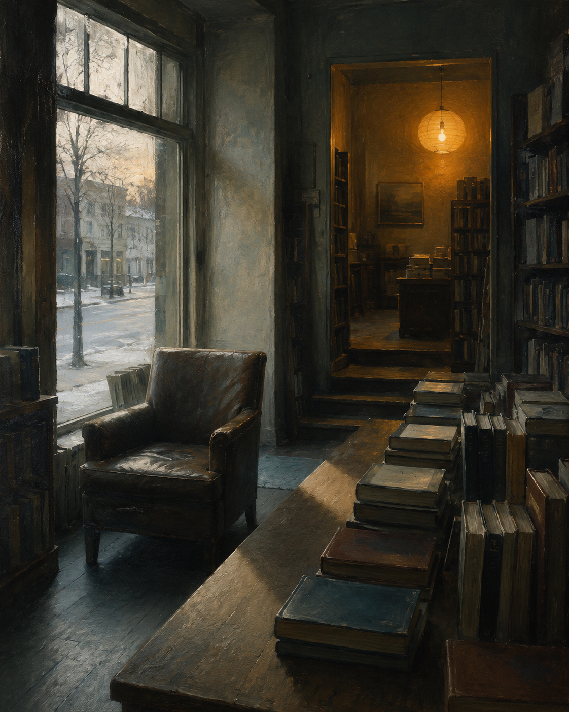 A worn leather armchair by a used-bookstore window on a snowy late-November afternoon, a warm bulb glowing in the back room two steps up