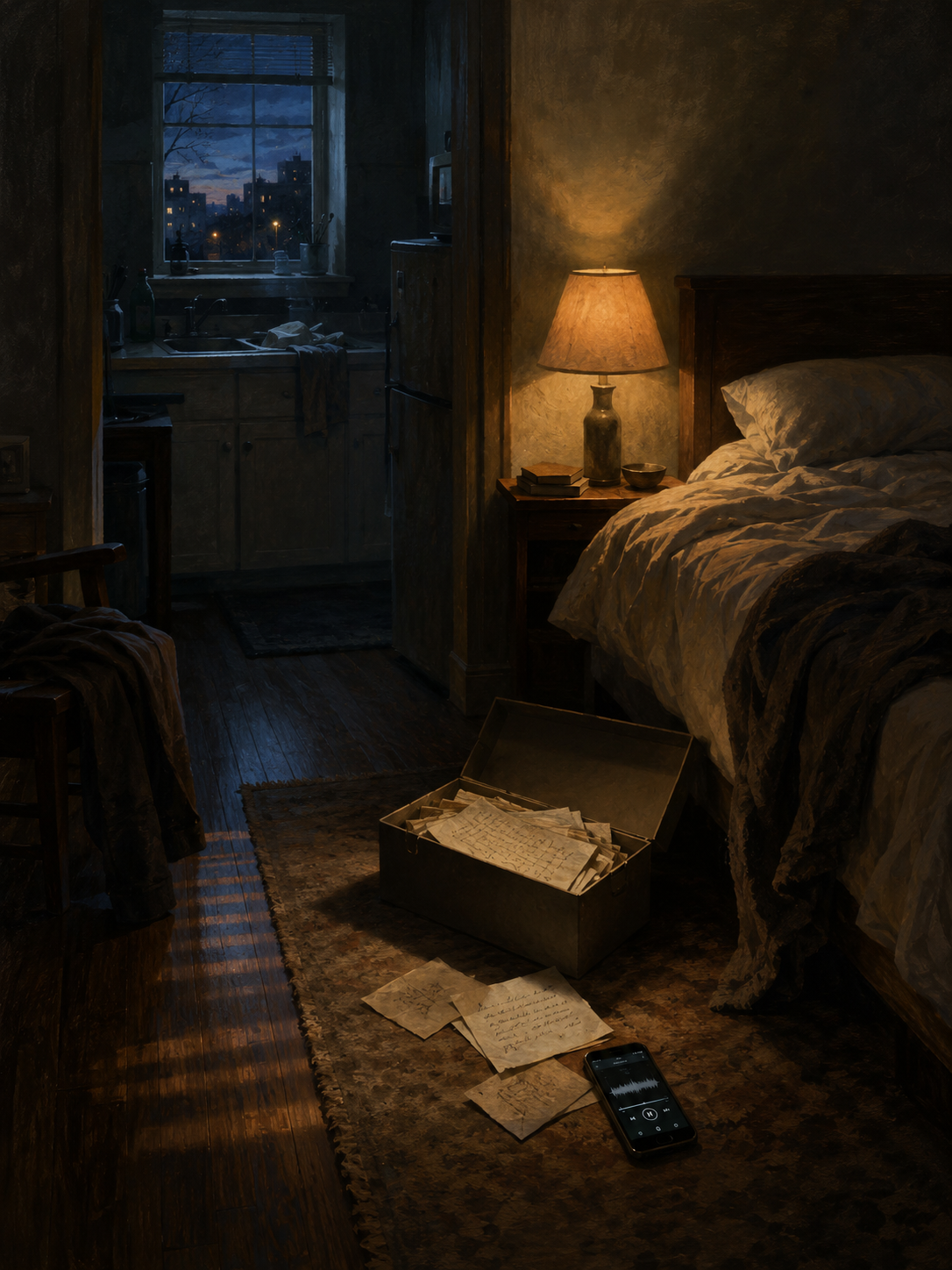 An open shoebox of handwritten letters on a rug in a dim apartment at night, a phone playing a voice memo beside it, the bedside lamp lit