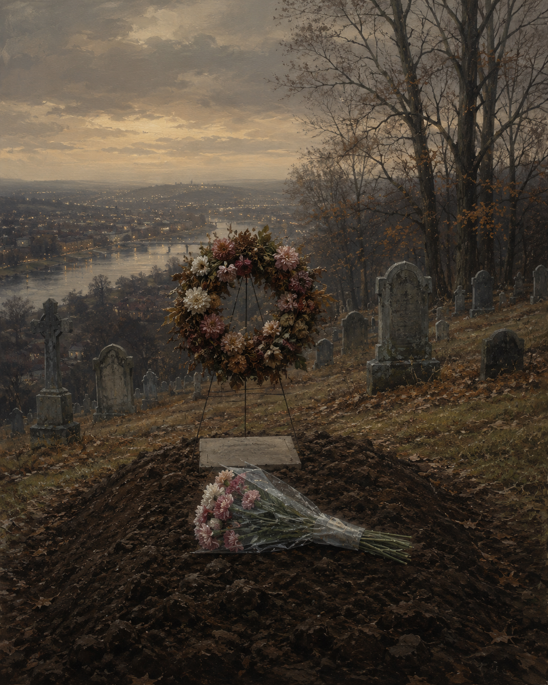 A new grave on a hillside Catholic cemetery above a river valley at dusk, a funeral wreath on a wire stand and a bunch of cellophane-wrapped carnations laid against a small temporary stone