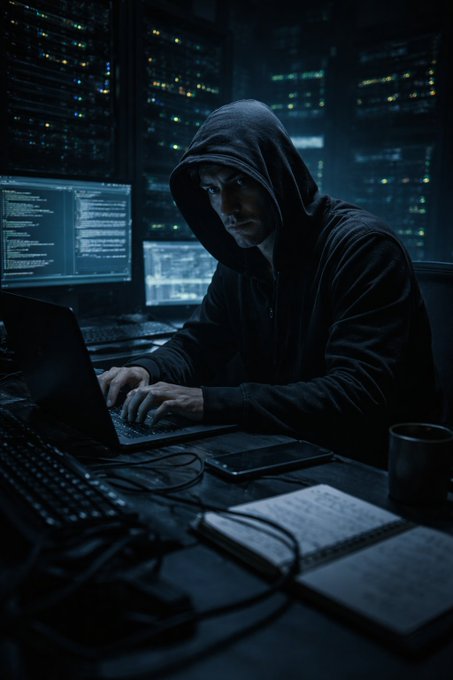 A hooded figure working at a laptop in a dark server room, code glowing on the monitors behind