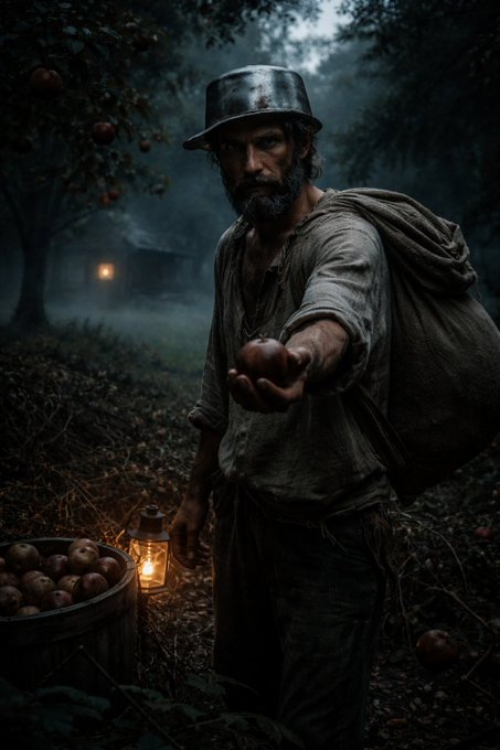 A bearded man in a misty orchard at dusk, a pot on his head, offering an apple, a lantern and a basket of apples beside him