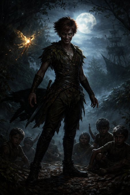 A sinister, leaf-clad Peter Pan under a full moon with a glowing Tinker Bell and the lost boys, a pirate ship in the mist behind
