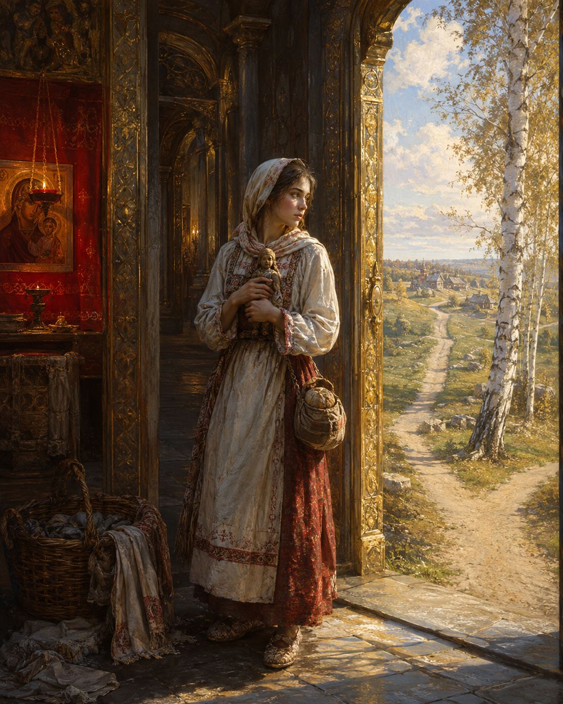 In the doorway of a house of gold and stone, Nika stands in an embroidered sarafan holding the small carved doll against her heart with a bundle of bread at her hip; behind her a lampada burns before an icon of the Mother of God in a shelf-sized red corner, and beyond the open gate a road runs out under birches toward a far village.