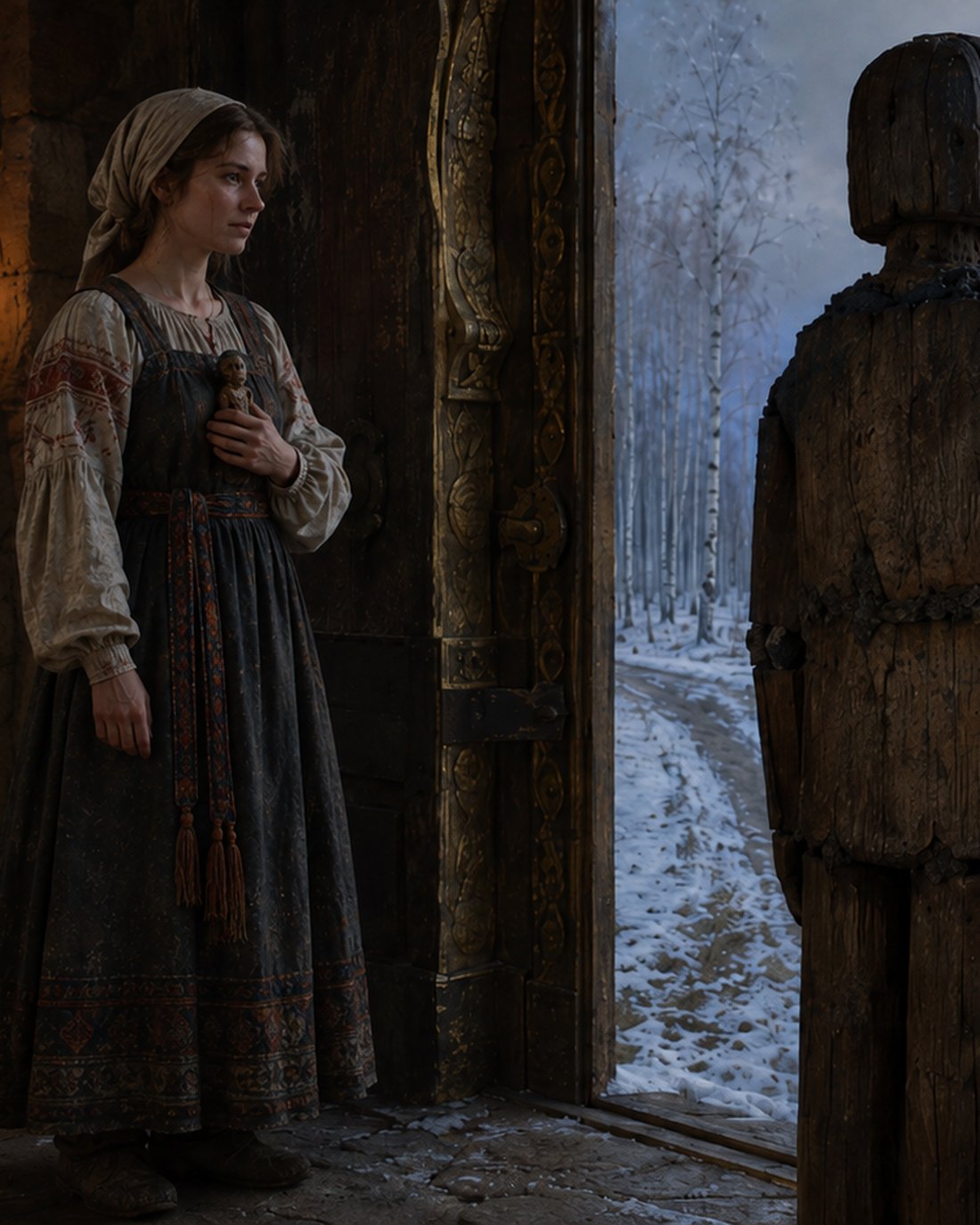 Inside a doorway of gold and dark stone, Nika stands in an embroidered sarafan with the small carved doll held against her heart, an icon lamp burning out of frame to her left; across the open gilded door stands the tall rough wooden figure of the Quiet Walker, its back to us, and past it a road runs out through snow and birches into the winter dusk.