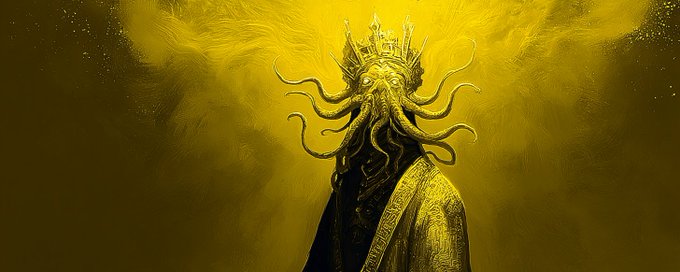 A crowned figure in a yellow robe with a face of writhing golden tentacles, against a sickly yellow sky